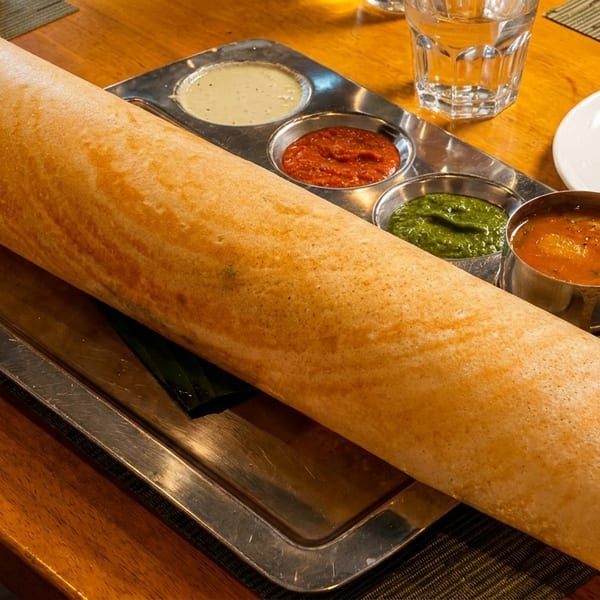 A long, golden-brown dosa served on a metal tray with four small bowls of colorful chutneys and sambar.