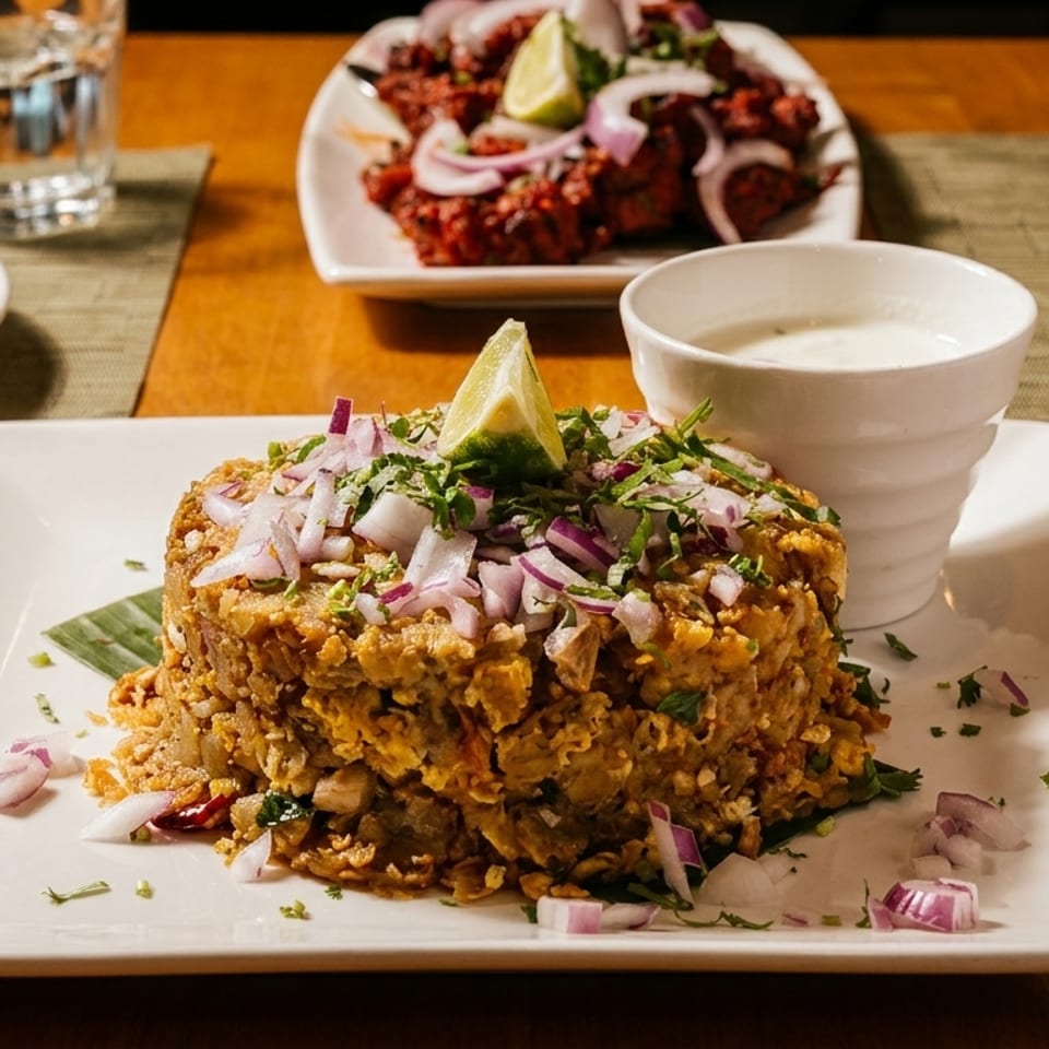 Indian dish with chopped onions and lime, served with a side of yogurt sauce.