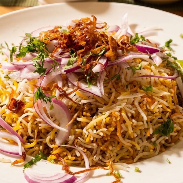 A vibrant plate of biryani rice, garnished with red onions, cilantro, crispy fried onions, and a lime wedge.