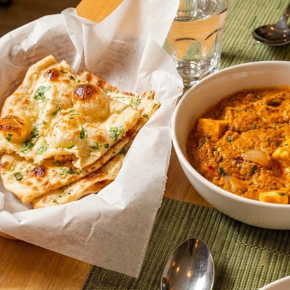 Indian paneer curry with naan bread in a basket, a glass of water, and a spoon.